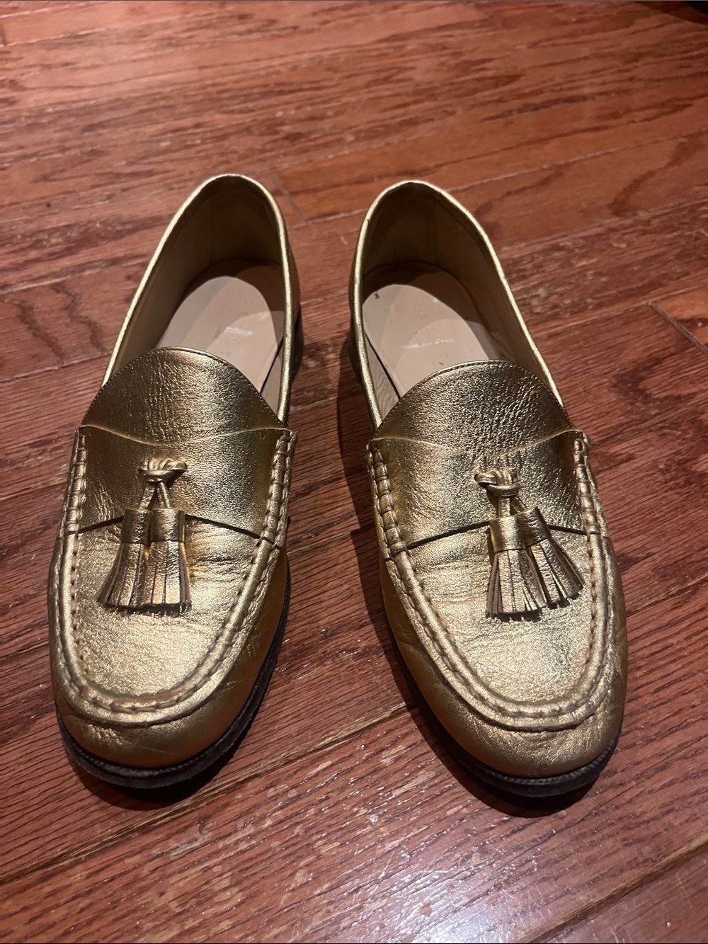 Metallic Gold Tassel Leather Loafers